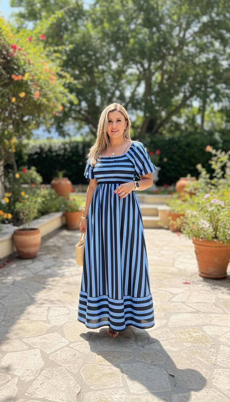 Vestido Azul Claro con Estampado Rayas en Azul Marino