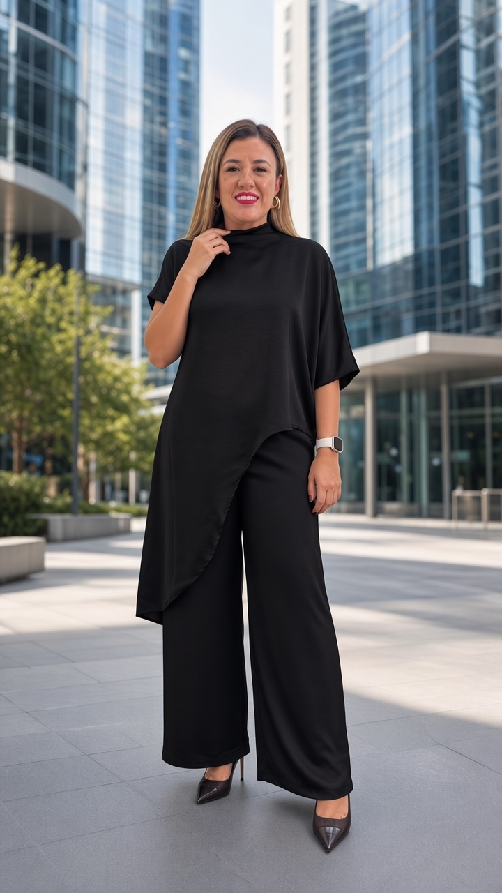 Conjunto Negro de Blusón Largo Asimétrico con Pantalón de Cintura Elástico