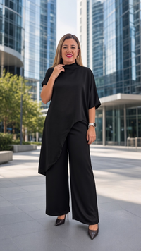 Conjunto Negro de Blusón Largo Asimétrico con Pantalón de Cintura Elástico