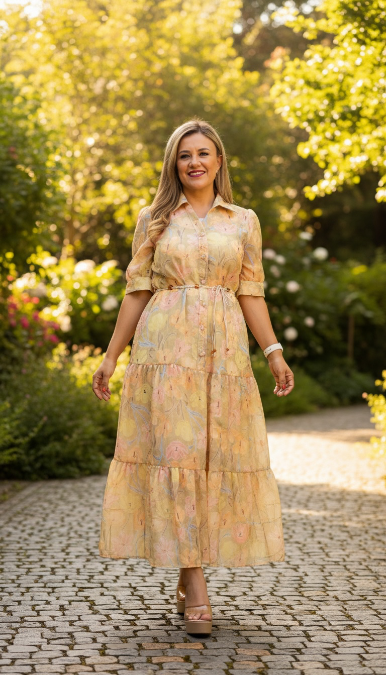 Vestido Amarillo de Gasa con Forro, Estampado de Hojas de Colores