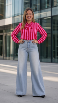 Camisa de Manga Larga Estampado a Rayas Rojo con Rosa con Hebilla Dorada de Ojo Turco