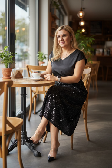Vestido Negro Satín con Aplicacion de Lentejuela