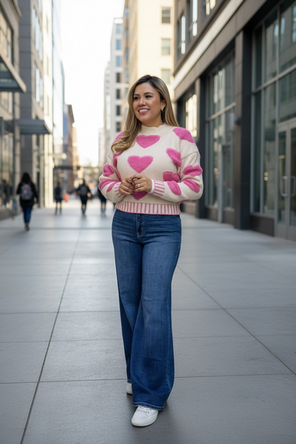 Suéter Ivory con Corazones Tejidos en Rosa