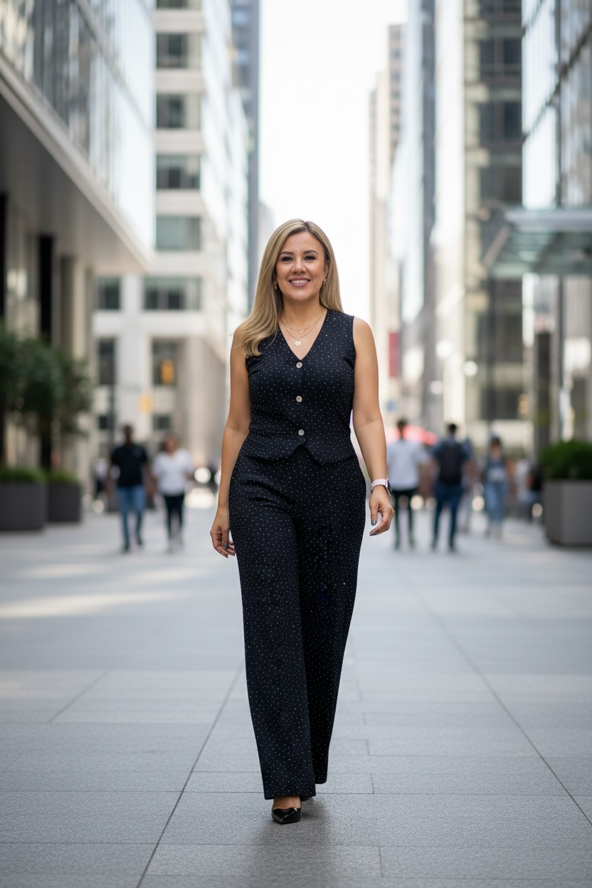 Conjunto Negro con Brillos Blusa Chaleco y Pantalón