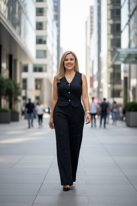 Conjunto Negro con Brillos Blusa Chaleco y Pantalón