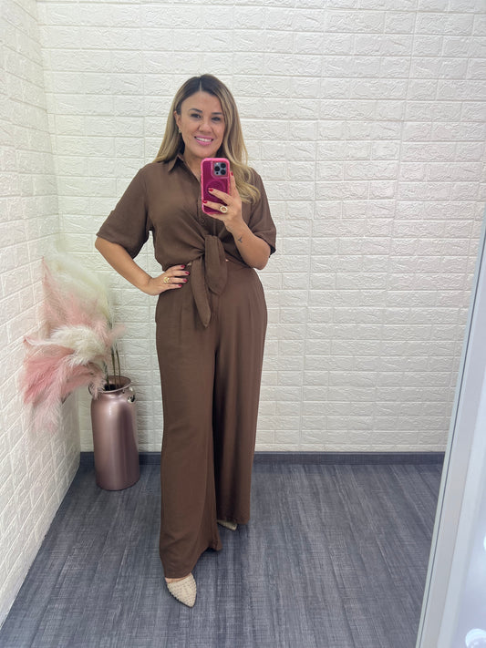 Conjunto Café Casual de Blusa de Botones y Pantalón Recto