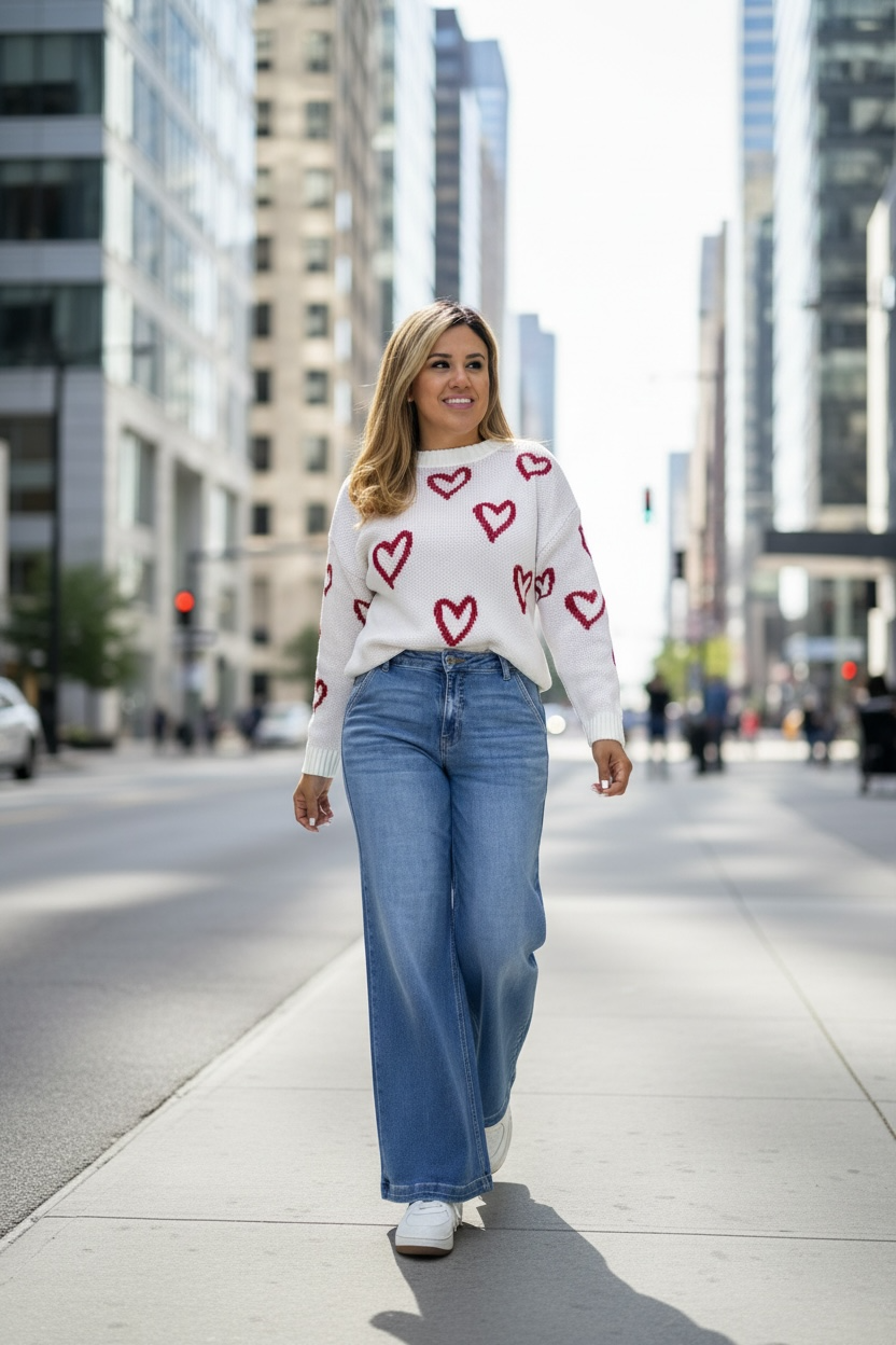 Suéter Blanco Cuello Redondo Estampado Corazones Rojos