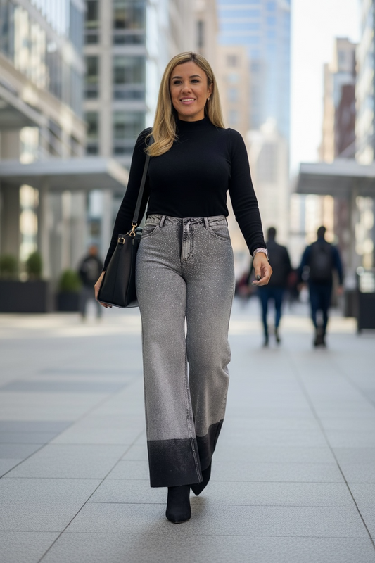 Jeans de Mezclilla Gris con Brillos y Valenciana en Color Negro