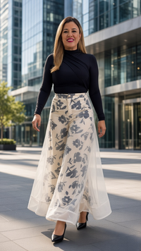 Pantalón Blanco con Estampado Floral Negro Con Forro de Gasa