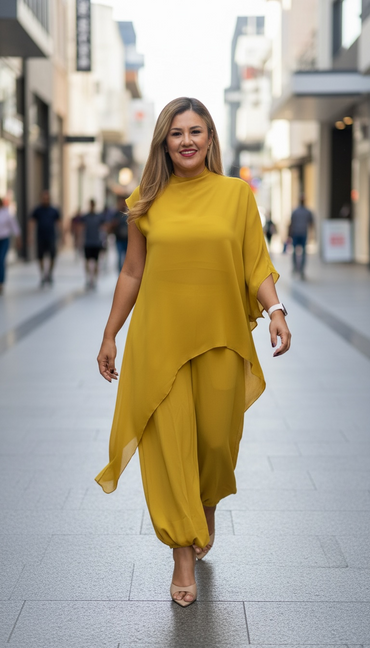 Set de Gasa Color Mostaza de Blusa Tipo Capa y Pantalón Jogger de Cintura Elástica