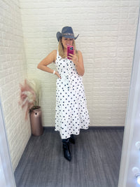 Vestido Blanco Largo  de Tirantes Estampado Lunares Negros