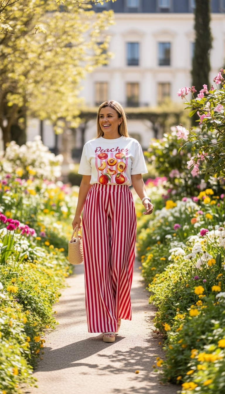 Maxi Pantalón Estampado de Caramelo Rosa con Rojo