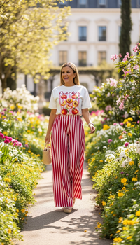 Maxi Pantalón Estampado de Caramelo Rosa con Rojo