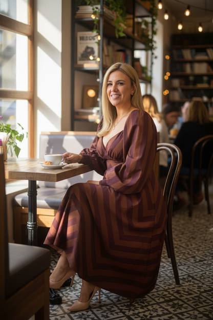 Vestido Largo Café Cuello V Estampado a Rayas