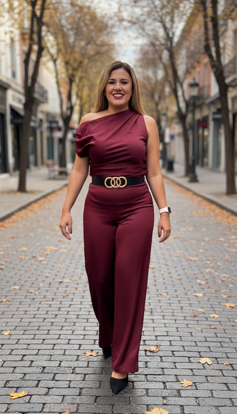 Conjunto Guindo Satinado de Blusa Straple con Pantalón Casual con Cinto