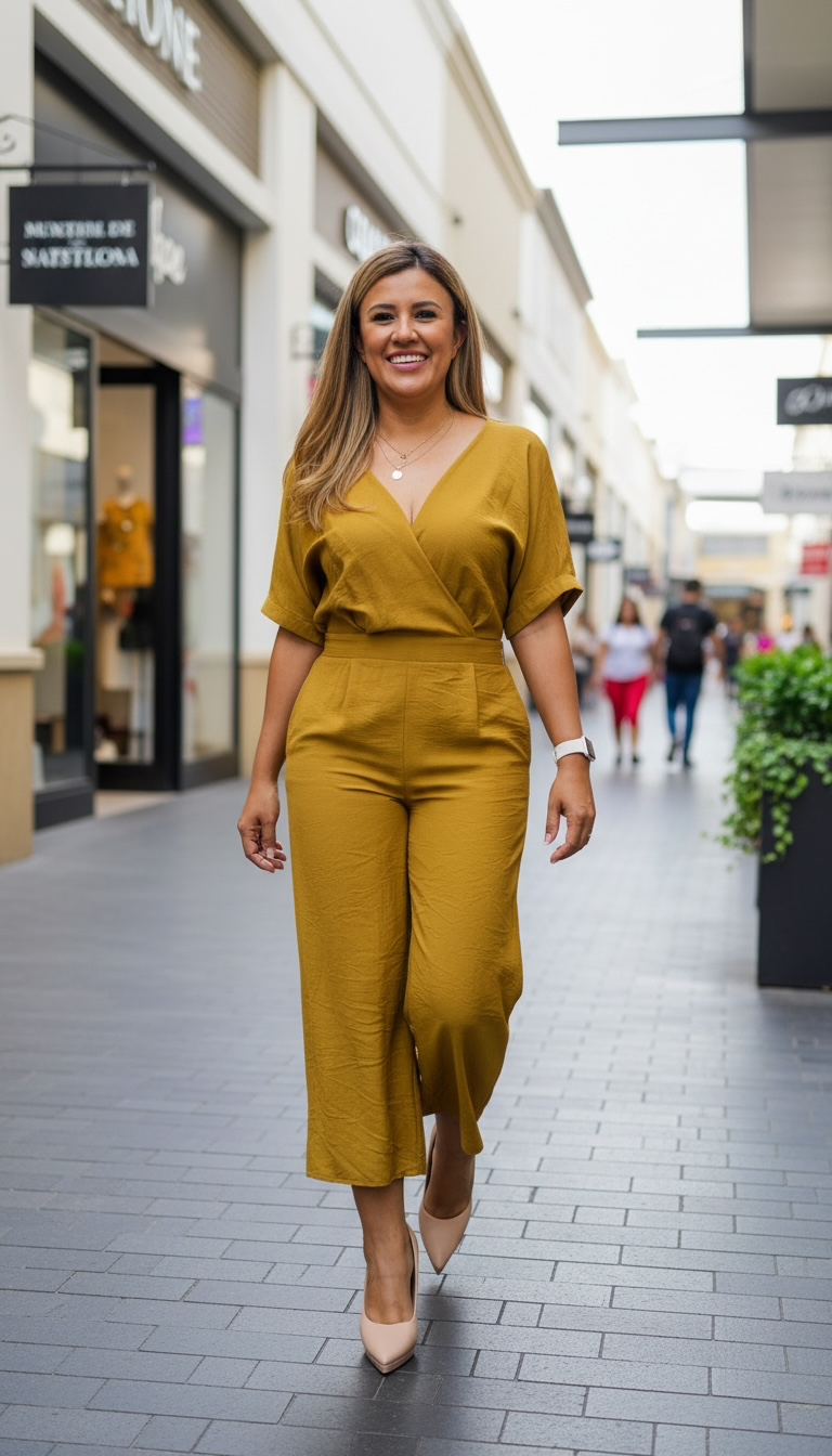 Jumpsuit Cuello V de Manga Corta con Valenciana