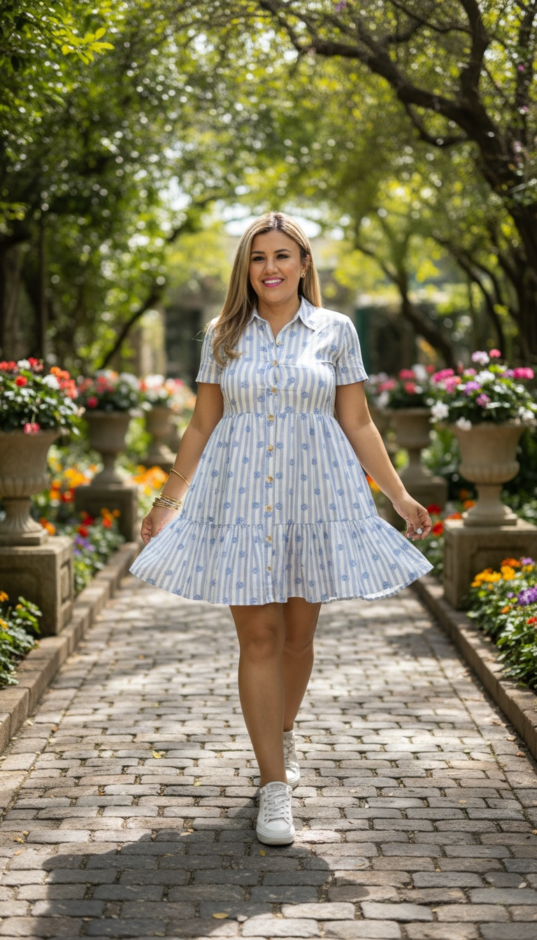Vestido Blanco Estampado Rayas Azules con Flores