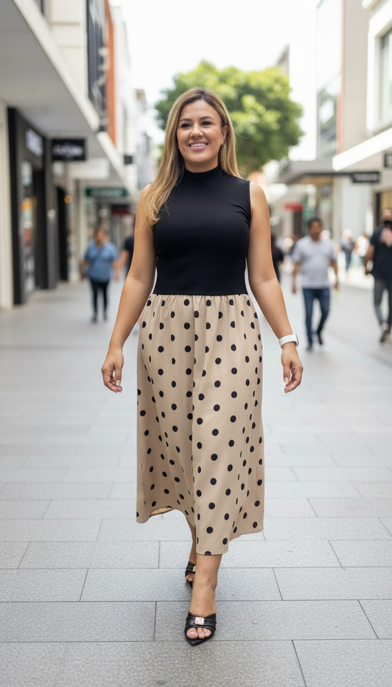Vestido Negro con Beige y Estampado de Polka Dots