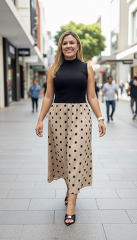 Vestido Negro con Beige y Estampado de Polka Dots