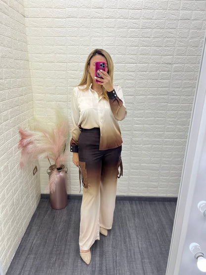 Conjunto de Blusa de Manga Larga y Pantalón en Color Beige con Degradado de Color