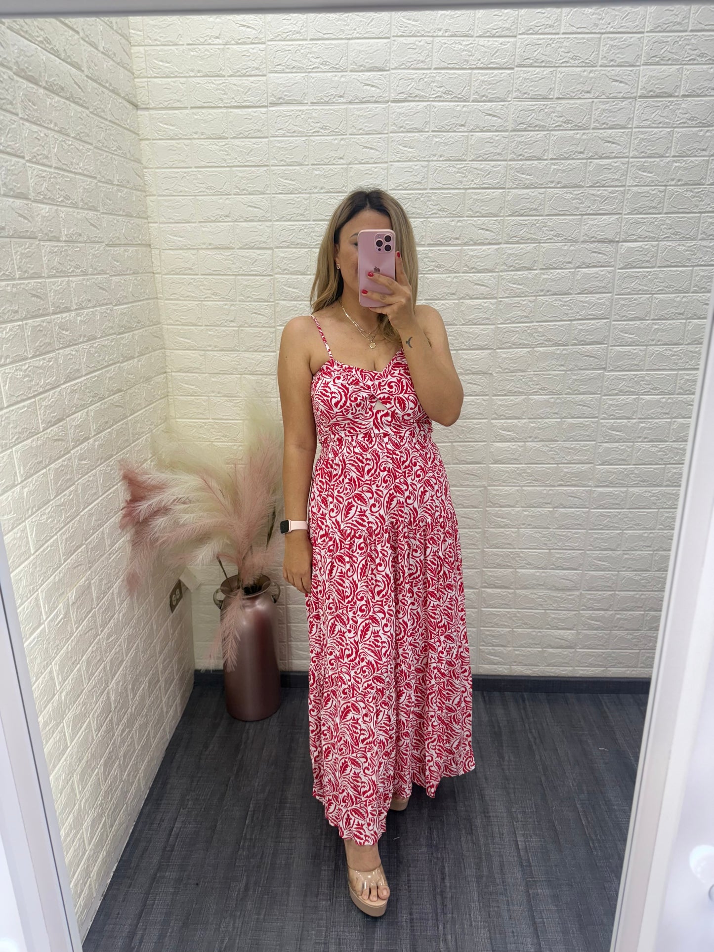 Conjunto de Blusa de Tirantes y Falda con Estampado Floral en Rojo