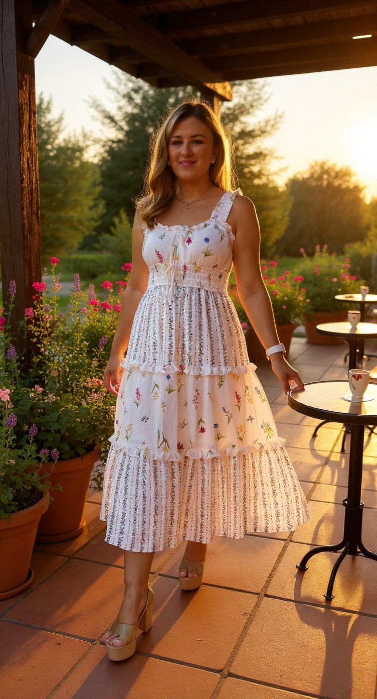 Vestido Beige Claro de Tirantes con Olanes, Estampado de Flores
