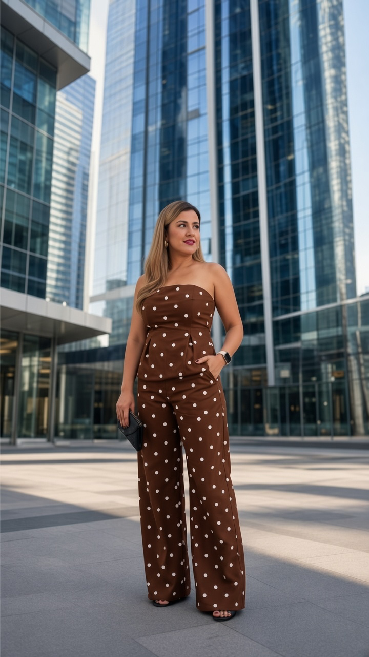 Conjunto Café Polka Dots de Blusa Straple y Maxi Pantalón