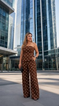 Conjunto Café Polka Dots de Blusa Straple y Maxi Pantalón