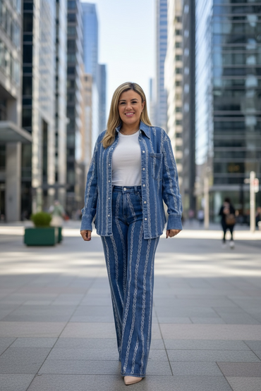 Set de Mezclilla de Blusa y Jenas con Aplicaciones de Brillos