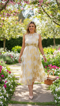 Vestido Color Beige con Aplicaciones de Flores en Dorado