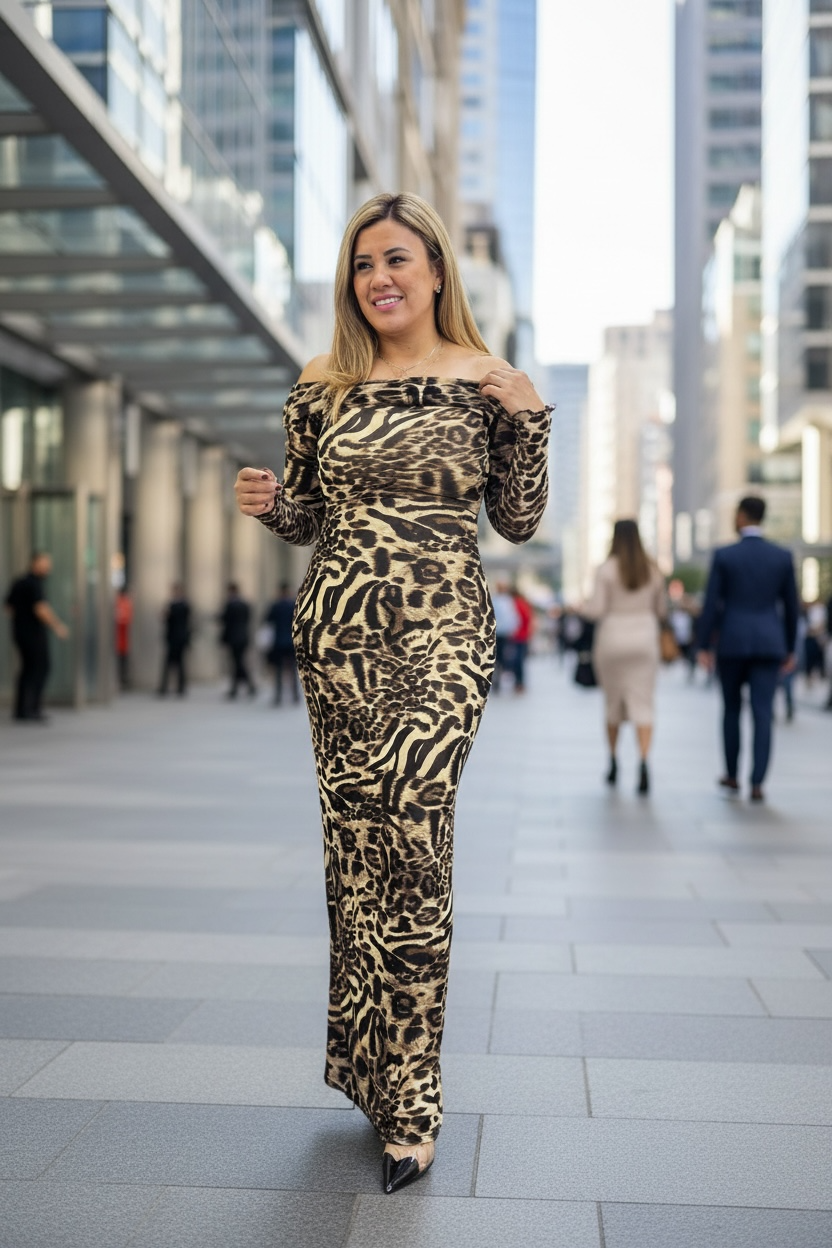 Vestido A Los Hombros Estampado Animal Print