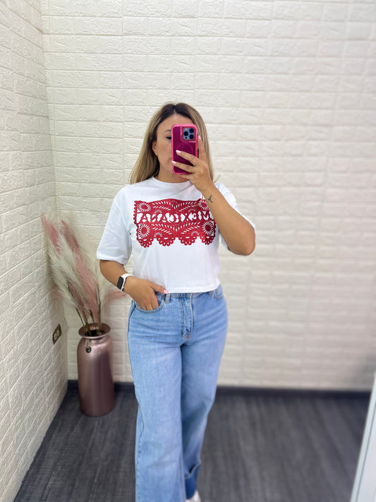 Playera Blanca Estampado En Rojo Glitter Estilo Papel Picado