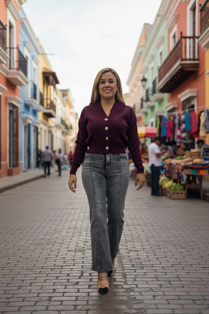 Suéter Guindo de Botones de Cuello V