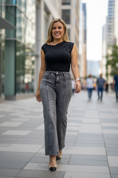 Jeans de Mezclilla Gris Corte High Rise Wide Leg