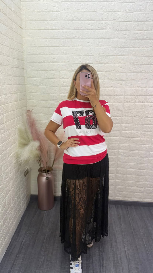 Blusa Estampada Rayas Blanco/Roja con Estampado #67