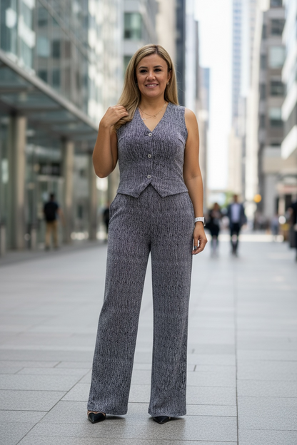 Conjunto Plateado de Blusa Chaleco y Pantalón