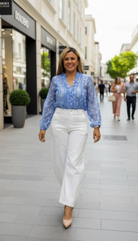 Blusa Azul en Tela Ligera de Manga Larga Estampado Polka Dots