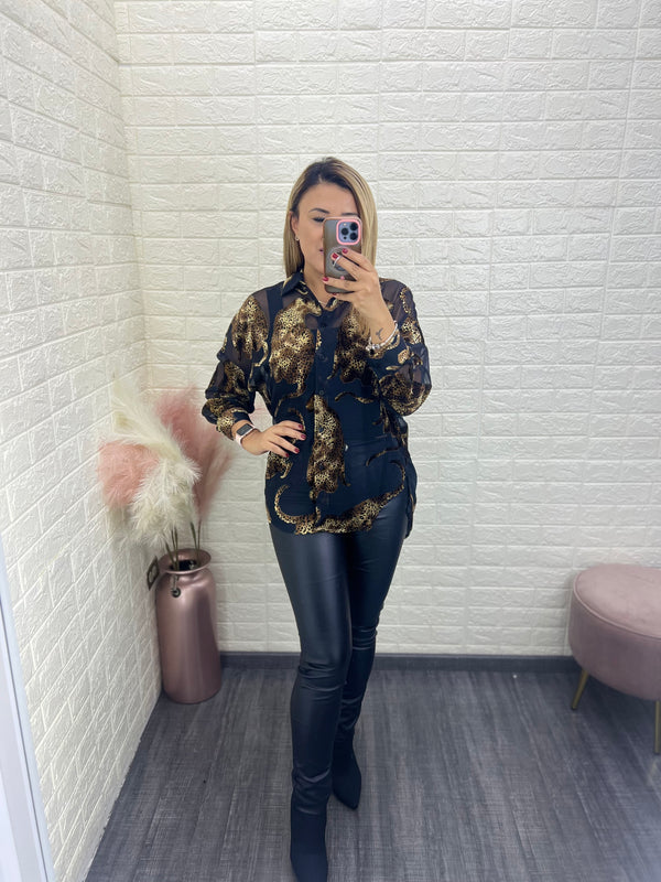 Blusa de Manga Larga de Botones Estampado Animal Print Obscuro