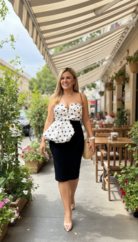 Vestido Negro con Top Integrado en Ivory con Lunares Negros