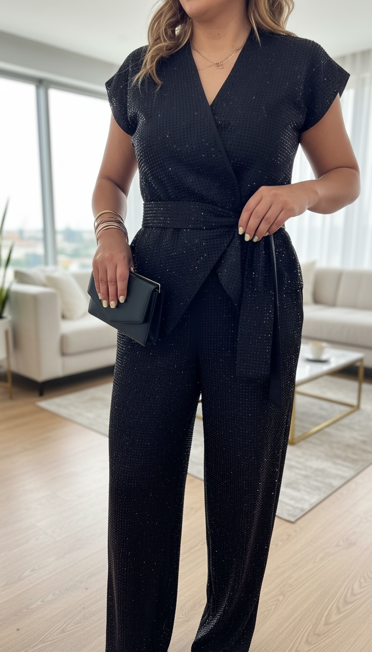 Conjunto Negro Blusa y Pantalón con Aplicaciones de Brillos
