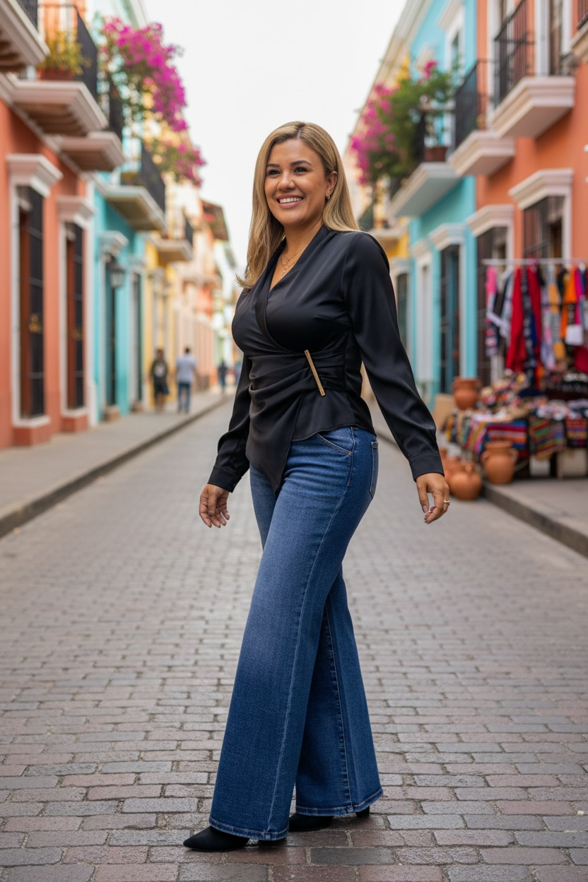 Blusa Negra Casual Cruzada con Hebilla