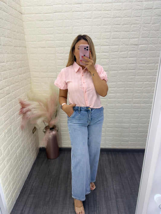Blusa Manga Abollonada con Textura a Rayas Color Rosa