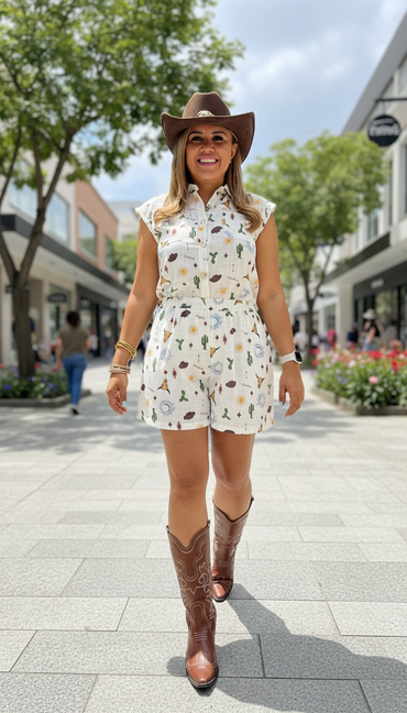 Conjunto Beige de Blusa de Resaque y Short Estampados