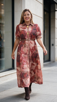 Vestido Largo de Botones con Dorados Decorativos y Cinto