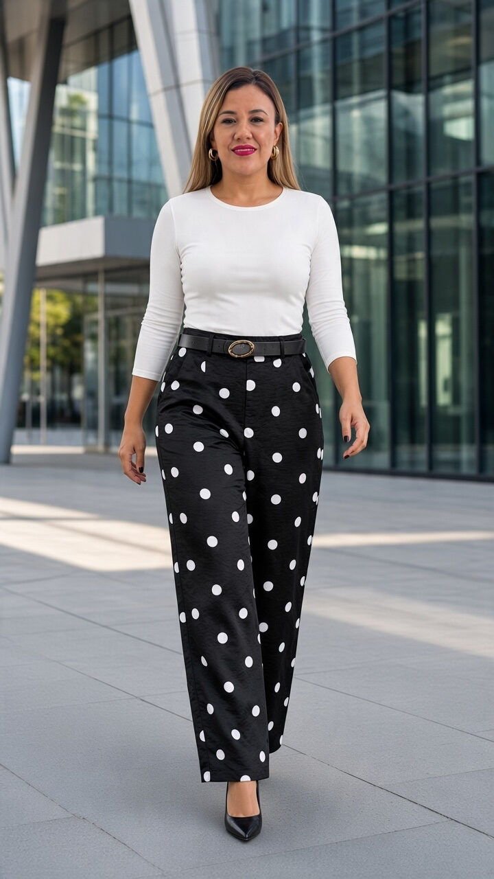 Pantalón Casual Negro Estampado Polka Dots, Con Cinto