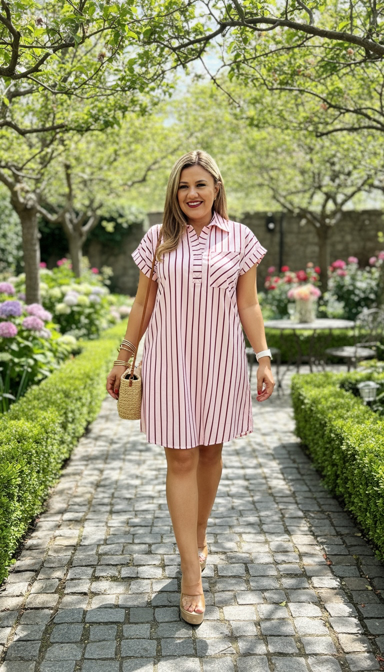 Vestido Rosa con Estampado Rayas Rojas