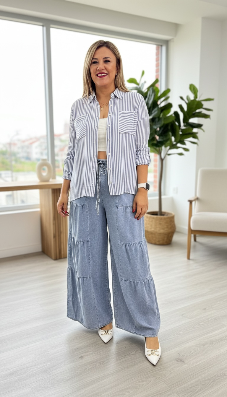 Blusa de Botones de Manga Larga Estampado a Rayas Azul y Blanco