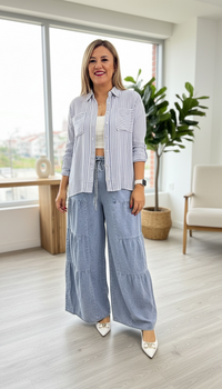 Blusa de Botones de Manga Larga Estampado a Rayas Azul y Blanco
