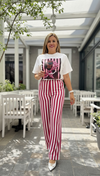 Pantalón Casual Rayado Blanco con Rosa