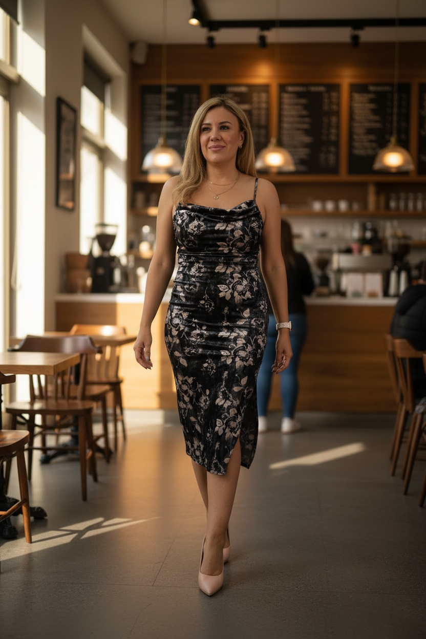 Vestido Negro Satinado Aterciopelado de Tirantes Estampado Floral